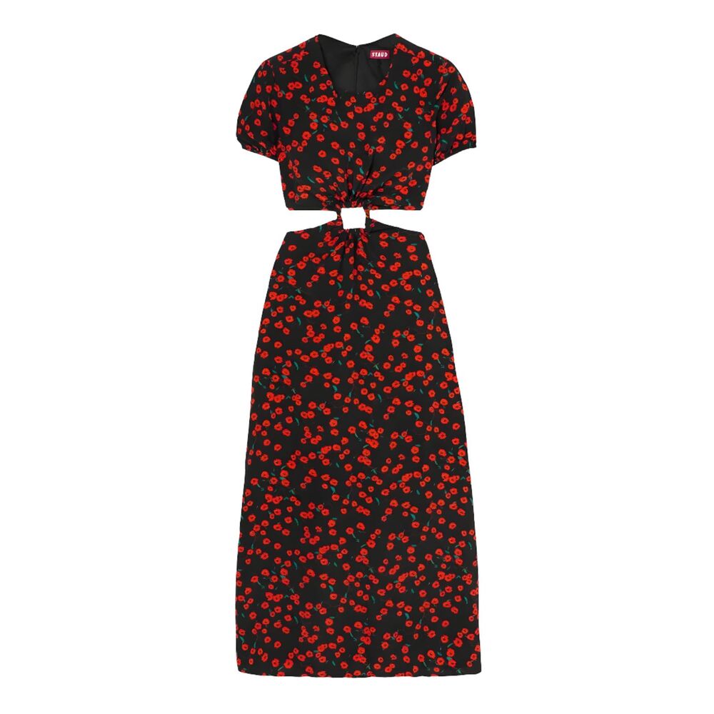 STAUD NWOT Calypso Cutout Midi Dress Black Red Floral Poppy Field Crepe Size M